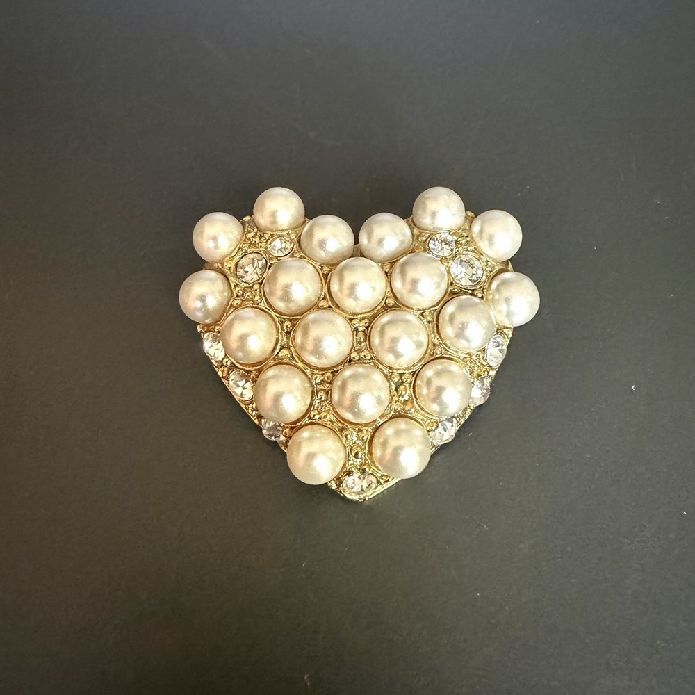 Vintage Heart Brooch Pin Faux Pearls Rhinestones Costume Jewelry Maximalist Glam